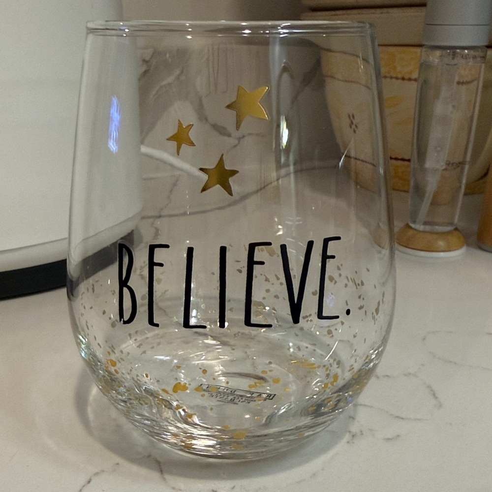 RAE DUNN Believe Stemless Wine Glass with Gold Stars